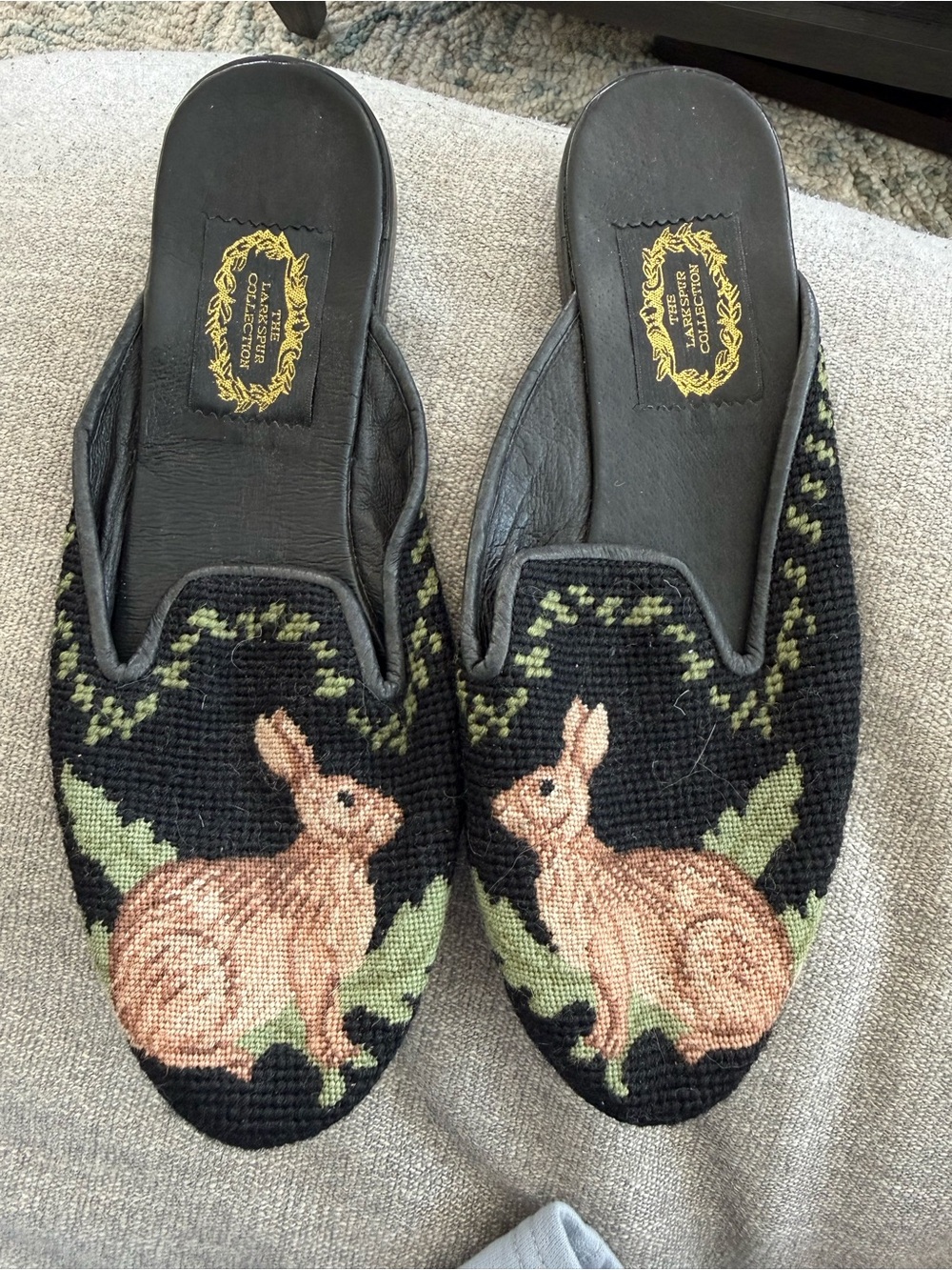 Hand-Embroidered Rabbit Black Slip-On Loafers